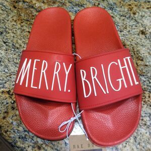 Rae Dunn Holiday Christmas Merry Bright Slides Sandals Red Slip On Size 9 NWT